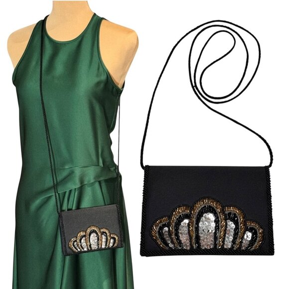 VTG Small Evening Bag Black Satin Embellished Beaded Sequins Event Glam - Picture 1 of 10